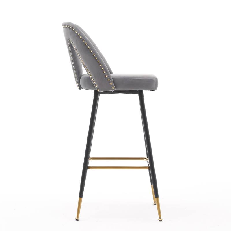 Contemporary Velvet Upholstered 28" Bar Stool and Counter Stools with Nailheads Gold Tipped